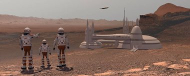 Mars 'a gelen aile sömürgecileri, bir erkek, bir kadın ve bir çocuk Mars manzarasına, şehrine ve uzay gemisine hayran. Mars 'a keşif görevi. Gelecekçi kolonileşme ve uzay keşfi kavramı. 3D görüntüleme. Bu videonun ögeleri döşenmiş