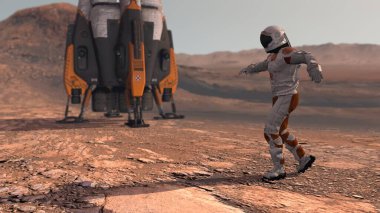 Mars kızıl gezegeninde dans eden astronot. Mars Görevi 'ni keşfediyorum. Gelecekçi Kolonileşme ve Uzay Keşfi Konsepti. Mars 'taki koloni. NASA tarafından desteklenen bu videonun unsurları. 3d oluşturma