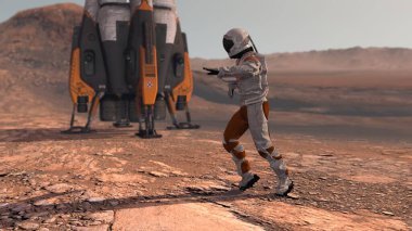 Mars kızıl gezegeninde dans eden astronot. Mars Görevi 'ni keşfediyorum. Gelecekçi Kolonileşme ve Uzay Keşfi Konsepti. Mars 'taki koloni. NASA tarafından desteklenen bu videonun unsurları. 3d oluşturma