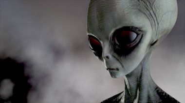 Korkunç gri uzaylı yürüyor ve koyu dumanlı bir arka planda yanıp sönüyor. UFO fütüristik kavramı. 3B görüntüleme