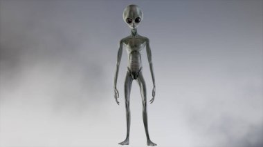 Korkunç gri uzaylı yürüyor ve koyu dumanlı bir arka planda yanıp sönüyor. UFO fütüristik kavramı. 3B görüntüleme