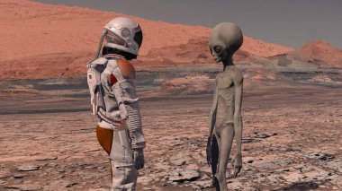 Astronot Mars 'ta bir Marslıyla tanışır. İlk temas. Mars 'taki uzaylı. Mars 'a keşif görevi. Kolonileşme ve uzay keşfi konsepti. 3D görüntüleme. NASA tarafından desteklenen bu videonun elementleri.