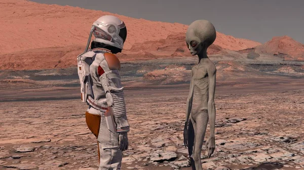 Астронавт зустрічає марсіанця на Марсі. Перший контакт. Чужий на Марсі. Досліджую місію до Марса. Колонізація та дослідження космосу. 3d рендеринг. Елементи цього відео, надані НАСА. — стокове фото