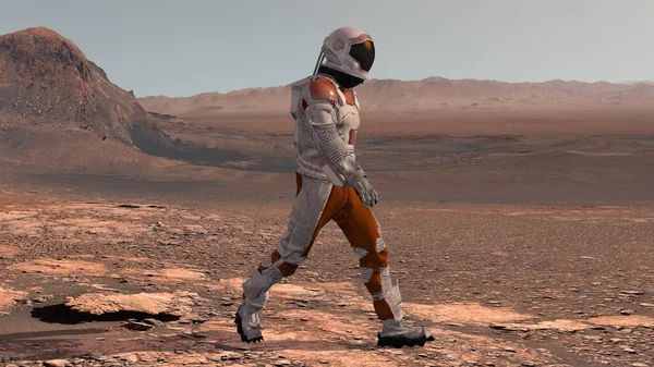 Astronaut Wearing Space Suit Walking Surface Mars Exploring Mission Mars Stock Photo