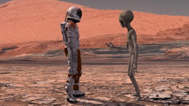 Astronot Mars 'ta bir Marslıyla tanışır. İlk temas. Mars 'taki uzaylı. Mars 'a keşif görevi. Kolonileşme ve uzay keşfi konsepti. 3D görüntüleme. NASA tarafından desteklenen bu videonun elementleri