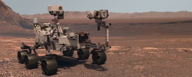 Mars. Perseverance Rover ekipmanını gerçek bir Mars manzarasının arka planına yerleştirir. Mars Görevi 'ni keşfediyorum. Mars 'taki koloni. NASA tarafından desteklenen bu videonun unsurları. 3d oluşturma