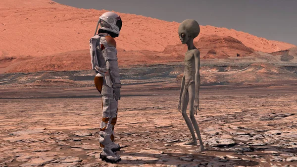 Астронавт Зустрічає Марсіанця Марсі Перший Контакт Чужий Марсі Досліджую Місію — стокове фото