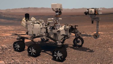 Mars. Perseverance Rover ekipmanını gerçek bir Mars manzarasının arka planına yerleştirir. Mars Görevi 'ni keşfediyorum. Mars 'taki koloni. NASA tarafından desteklenen bu videonun unsurları. 3d oluşturma