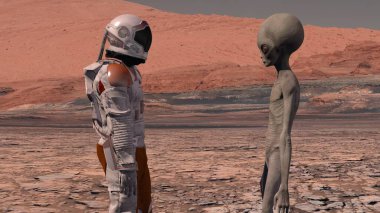 Astronot Mars 'ta bir Marslıyla tanışır. İlk temas. Mars 'taki uzaylı. Mars 'a keşif görevi. Kolonileşme ve uzay keşfi konsepti. 3D görüntüleme. NASA tarafından desteklenen bu videonun elementleri