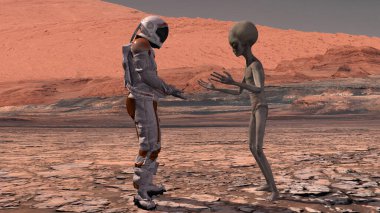 Astronot Mars 'ta bir Marslıyla tanışır. İlk temas. Mars 'taki uzaylı. Mars 'a keşif görevi. Kolonileşme ve uzay keşfi konsepti. 3D görüntüleme. NASA tarafından desteklenen bu videonun elementleri