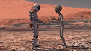 Astronaut meets a Martian on Mars. First contact. Alien on Mars. Exploring mission to mars. Colonization and space exploration concept. 3d rendering. Elements of this video furnished by NASA clipart