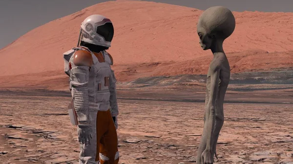 Astronaut meets a Martian on Mars. First contact. Alien on Mars. Exploring mission to mars. Colonization and space exploration concept. 3d rendering. Elements of this video furnished by NASA