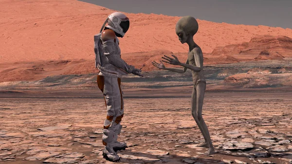 Astronaut Meets Martian Mars First Contact Alien Mars Exploring Mission Stock Photo