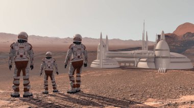Mars 'a gelen aile sömürgecileri, bir erkek, bir kadın ve bir çocuk Mars manzarasına, şehrine ve uzay gemisine hayran. Mars 'a keşif görevi. Gelecekçi kolonileşme ve uzay keşfi kavramı. 3D görüntüleme. Bu videonun ögeleri döşenmiş