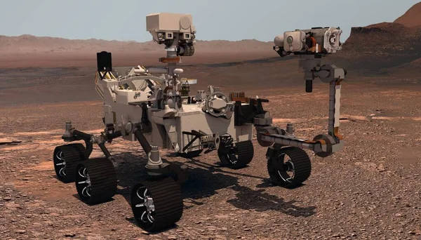 Mars Robot Penjelajah Ketekunan Menyebarkan Peralatannya Terhadap Latar Belakang Lanskap Stok Foto