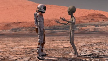 Astronot Mars 'ta bir Marslıyla tanışır. İlk temas. Mars 'taki uzaylı. Mars 'a keşif görevi. Kolonileşme ve uzay keşfi konsepti. 3D görüntüleme. NASA tarafından desteklenen bu videonun elementleri