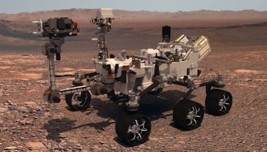 Mars. Perseverance Rover ekipmanını gerçek bir Mars manzarasının arka planına yerleştirir. Mars Görevi 'ni keşfediyorum. Mars 'taki koloni. NASA tarafından desteklenen bu videonun unsurları. 3d oluşturma