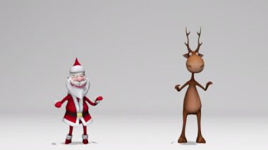 Komik neşeli Noel Baba ve geyik animasyonu. Noel ve Yeni Yıl konsepti. Kusursuz döngü. Alfa kanalında. Yeşil ekrandan daha iyi..