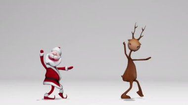 Komik neşeli Noel Baba ve geyik animasyonu. Noel ve Yeni Yıl konsepti. Kusursuz döngü. Alfa kanalında. Yeşil ekrandan daha iyi..
