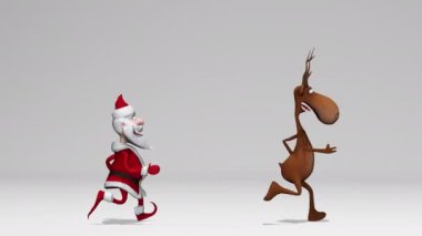 Komik neşeli Noel Baba ve geyik animasyonu. Noel ve Yeni Yıl konsepti. Kusursuz döngü. Alfa kanalında. Yeşil ekrandan daha iyi..