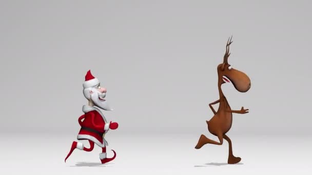 面白い陽気なクレイジーサンタクロースと鹿のアニメーション クリスマスと新年の概念 シームレスループ アルファチャンネル付き 緑の画面よりいい — ストック動画