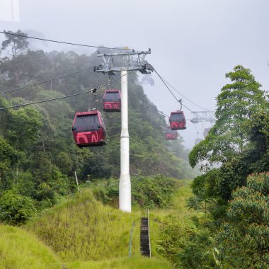 Kualampur 'dan aşağı inen teleferikli bir araçta gökyüzü manzarası ve çene mağaraları tapınağı gökyüzü teleferiği, genting, malezya, Skyway Cable Car
