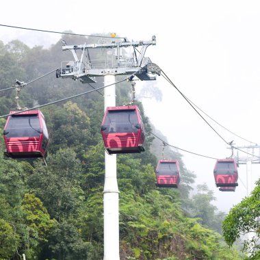 Kualampur 'dan aşağı inen teleferikli bir araçta gökyüzü manzarası ve çene mağaraları tapınağı gökyüzü teleferiği, genting, malezya, Skyway Cable Car