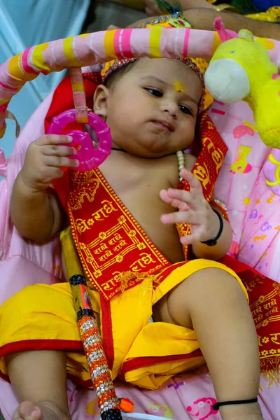 Cute Indian Kid Dressed Little Lord Krishna Occasion Krishna Janmastami — Stock Photo, Image