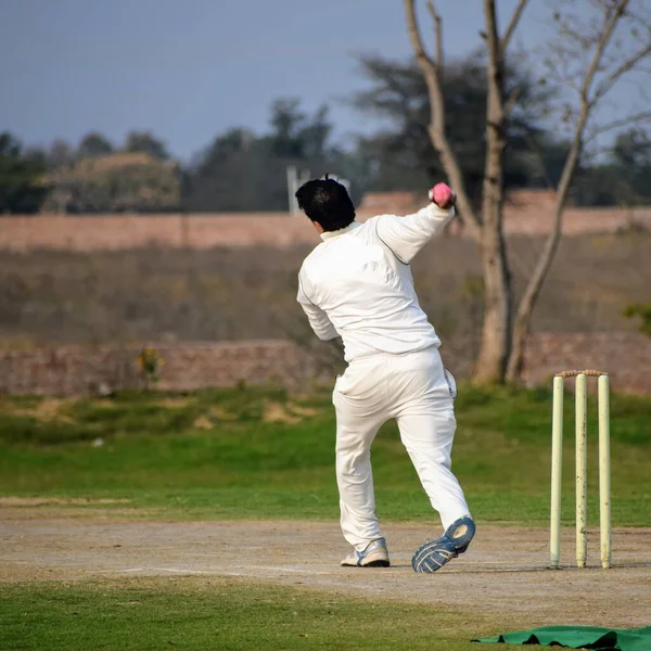 Full length of cricketer playing on field during sunny day, Cricketer on the field in action, Players playing cricket match at field during the day time