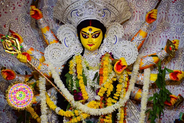 Déesse Durga Avec Regard Traditionnel Vue Rapprochée Puja Kolkata Sud — Photo
