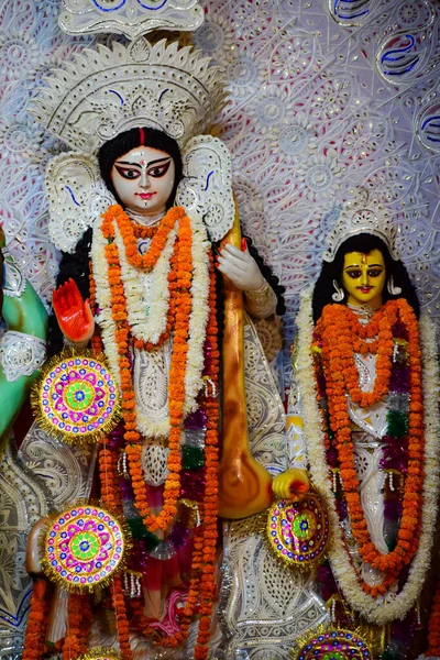 Göttin Durga Mit Traditionellem Aussehen Nahaufnahme Auf Einem Südkolkata Durga — Stockfoto