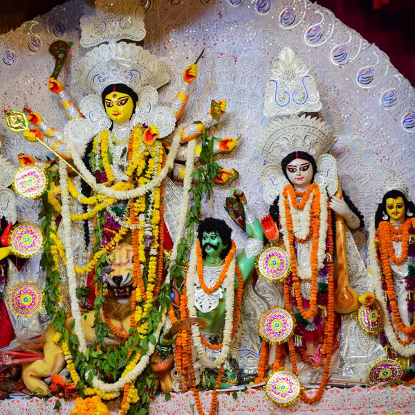 Durga Istennő Hagyományos Megjelenéssel Közelről Egy Dél Kolkata Durga Puja — Stock Fotó