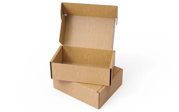 Duas caixas de embalagem de papelão ondulado empilhadas e abertas em fundo branco — Fotografia de Stock