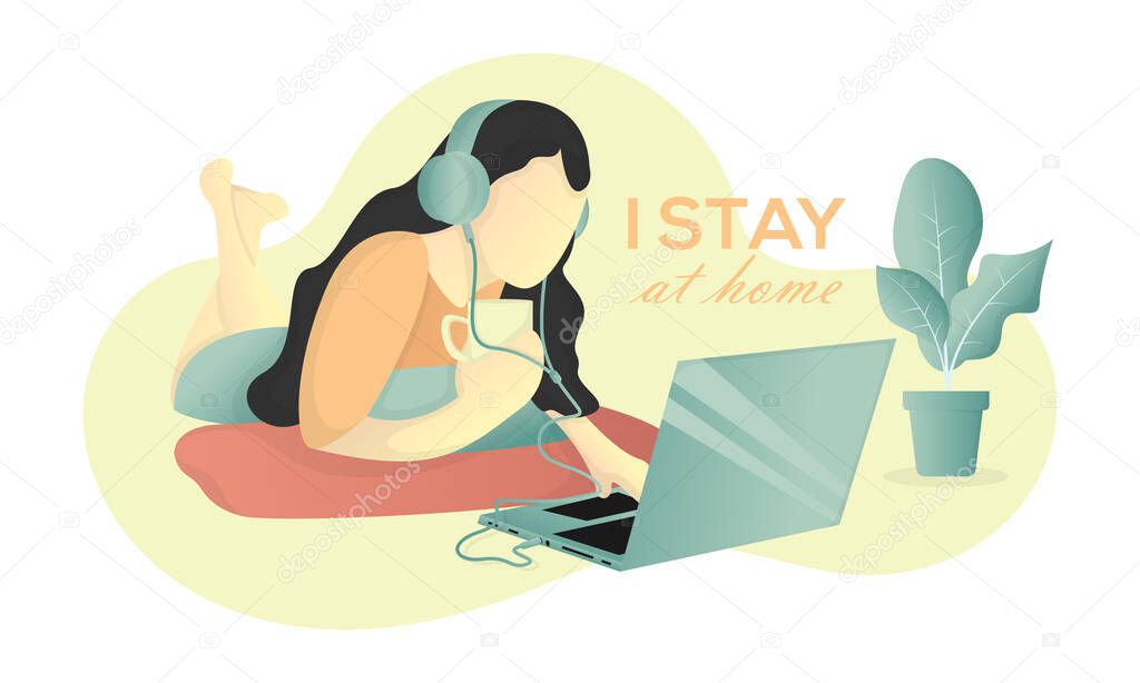 woman is working on laptop while lying at home vector illustration in flat style