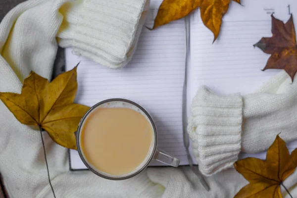 Composição Colocação Plana Folhas Outono Com Suéter Quente Xícara Café — Fotografia de Stock