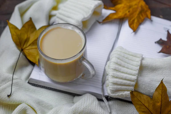 Composição Folhas Outono Com Suéter Quente Xícara Café Copie Spase — Fotografia de Stock