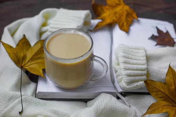 Komposisi Daun Musim Gugur Dengan Sweater Hangat Dan Secangkir Kopi — Stok Foto