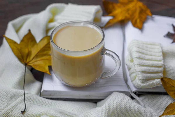 Komposisi Daun Musim Gugur Dengan Sweater Hangat Dan Secangkir Kopi — Stok Foto