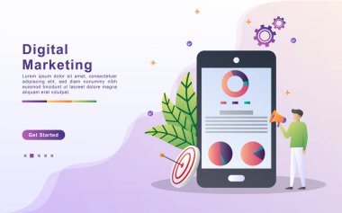 Dijital pazarlama konsepti. İnsanlar pazarlama içeriğini müşteri e-postalarına kaydedip paylaşıyorlar. Pazarlama sonuçlarını analiz et ve tanımla. Web iniş sayfası, afiş, mobil uygulama için kullanılabilir. Vektör İllüstrasyonu.