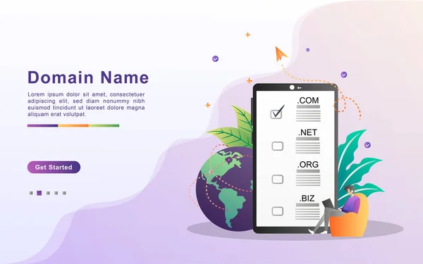 ドメイン名と登録概念 ウェブサイトドメインを登録し 適切なドメインを選択します Webランディングページ バナー モバイルアプリに使用できます ベクターイラスト — ストックベクタ