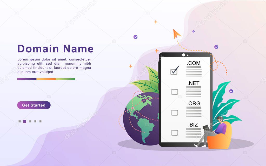 Domain name and registration concept. register a website domain, choose the right domain. Can use for web landing page, banner, mobile app. Vector Illustration.