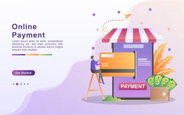 Çevrimiçi ödeme konsepti vektör çizimi. Mobil ödeme ya da para transferi konsepti. E-ticaret pazarı alışverişi, küçük insanların oynadığı çevrimiçi illüstrasyon. İniş sayfası için şablon, afiş, ui.