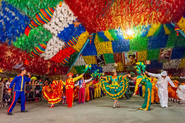 Traditional quadrilha dance in the people's park during the June festivities in Campina Grande, Paraiba, Brazil on June 23, 2012. Also known as the largest feast of Saint John in the world.