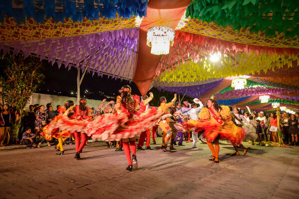  Traditional quadrilha dance in the street during the June festivities in Bananeiras, Paraiba, Brazil on June 23, 2015.