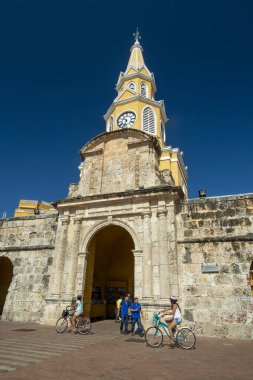 Cartagena, Bolivar, Kolombiya 'nın ana girişindeki saat kulesi..