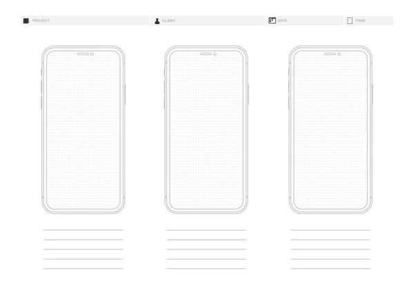 Plantilla de maqueta de aplicación con puntos de Wireframe para teléfono móvil — Vector de stock