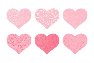 Bir grup grunge kalp. Dekoratif tasarım öğesi. Dokulu Sevgililer Günü işareti. Vektör illüstrasyonu beyaz arkaplanda izole edildi.