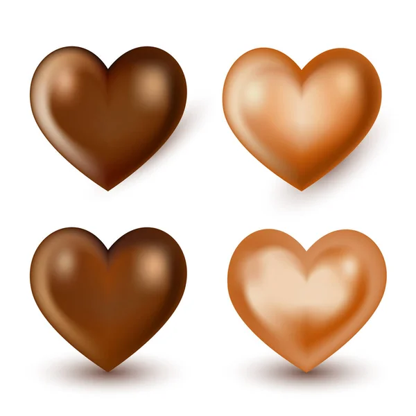 Ensemble Coeurs Réalistes Chocolat Caramel Avec Différentes Ombres Isolé Sur — Image vectorielle