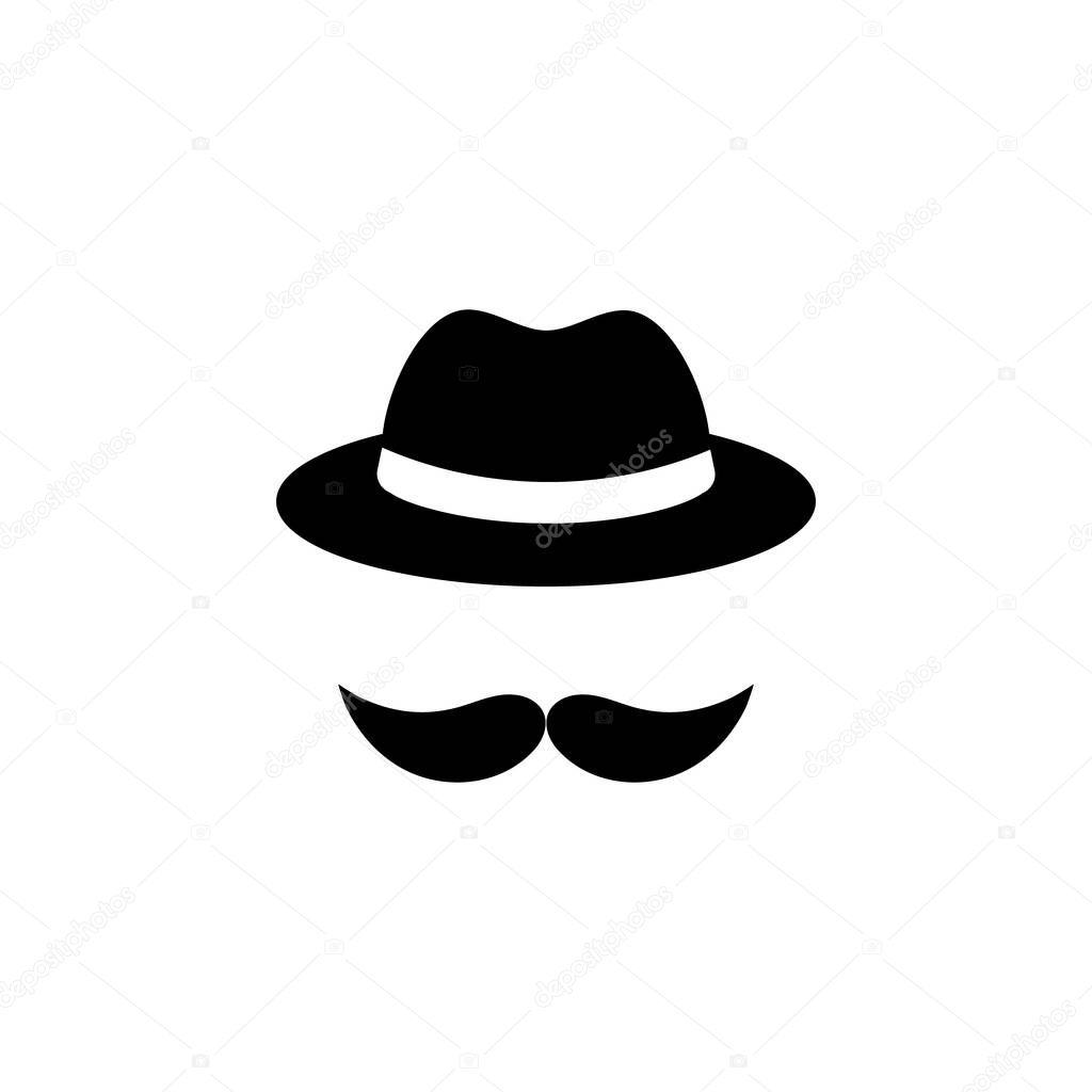 Male accessory hat and mustache. Black icon isolated on white background. Vector illustration. Elegant logo design for men store.