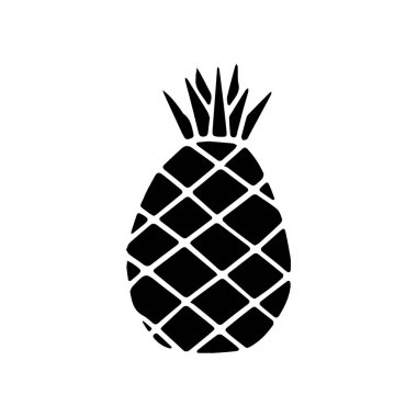 Beyaz arka planda yaprak izole edilmiş ananas meyvesinin siyah simgesi. Tatlı tropikal meyve. Basit bir düz stil. Logo tasarımı, pul. Sembol olarak egzotik yaz, vitamin, sağlıklı. Vektör illüstrasyonu